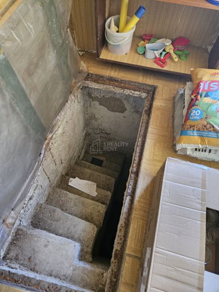 Betontreppen in der Hütte, die in den Keller führen, umgeben von gelagerten Gegenständen.