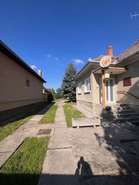 Das Äußere eines Einfamilienhauses in Vrakúň, Gehweg, Rasen, Baum und blauer Himmel.