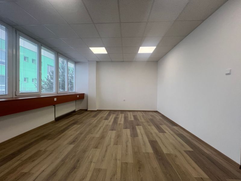 Büros mit großen Fenstern und einem Boden in Holzoptik.