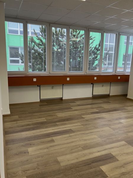 Büros mit großen Fenstern, Boden mit Holzdekor, helle Wände und abgehängte Decke.