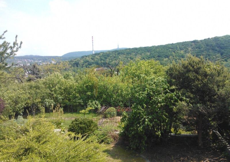 Ein Garten mit Blick auf Grünflächen und einen Industrieschornstein in Bratislava - Karlova Ves.