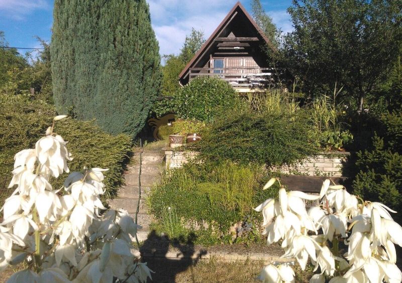 Eine Hütte im Garten mit Holzelementen, umgeben von Grün und weißen Blumen.