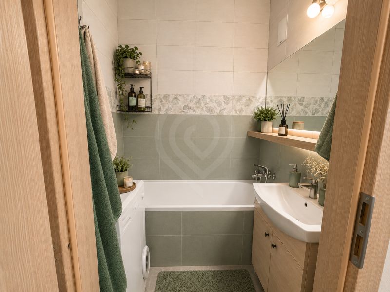 Ein Badezimmer in einer 3-Zimmer-Wohnung mit Badewanne, Waschmaschine und Dekorationen in natürlichen Tönen.