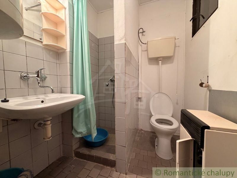 Badezimmer in der Hütte mit Toilette, Waschbecken und Dusche mit türkisfarbenem Vorhang.