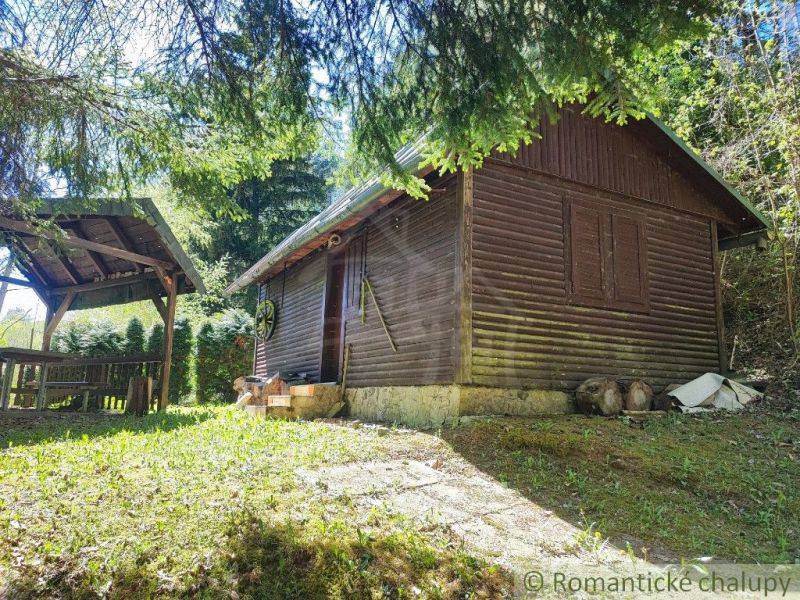 Eine Holzhütte in Slovenská Ľupča, umgeben von Grünflächen und einem Unterstand zum Sitzen.