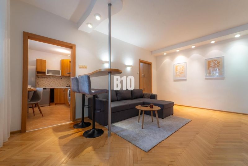 Wohnzimmer in einer Zweizimmerwohnung mit Bar, Holzboden und Küche.