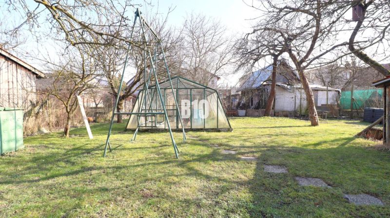 Der Garten eines Einfamilienhauses in Turany mit Gewächshaus und Schaukel, ohne Blätter an den Bäumen.