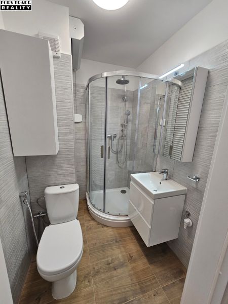 Badezimmer in einem Studio-Apartment mit Holzboden, Duschkabine und Waschbecken.