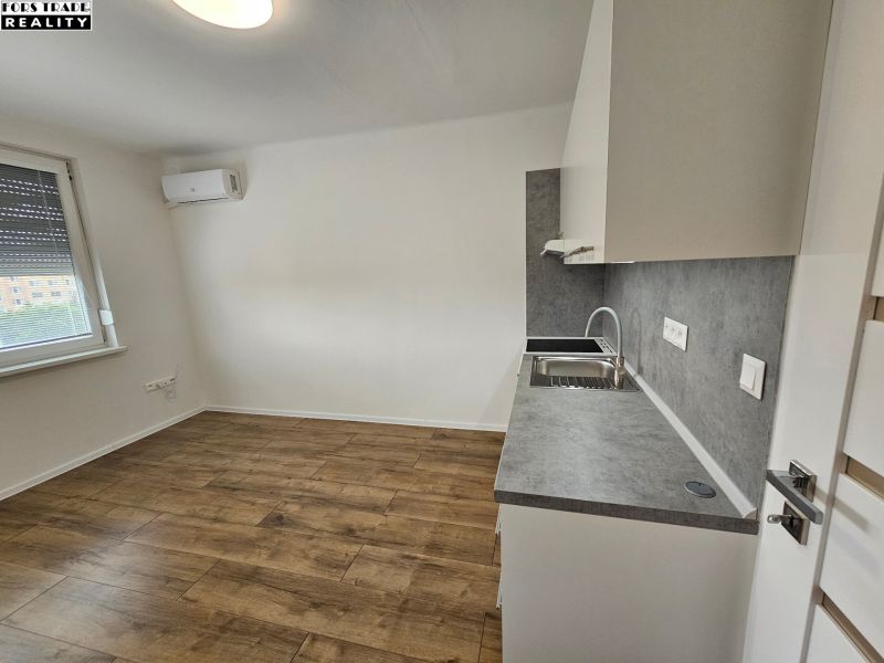 Einzimmerwohnung mit Küchenzeile und Boden in Holzoptik, Klimaanlage und Fenster.