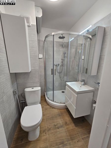 Badezimmer in einem Studio-Apartment mit moderner Dusche, Waschbecken, Toilette und Boden mit Holzdekor.