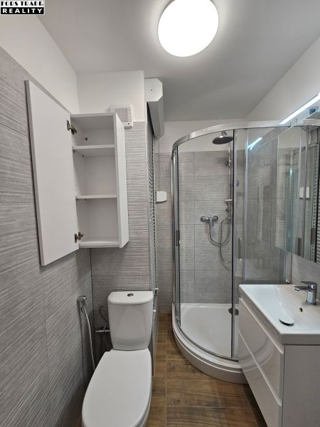 Badezimmer mit Toilette, Duschkabine und Schrank in einem Studio-Apartment mit Holzboden.