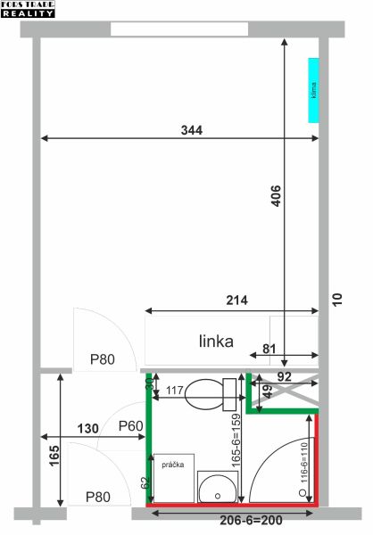 Grundriss eines Einzimmerapartments mit Küchenzeile und Badezimmer mit Waschmaschine und Toilette.