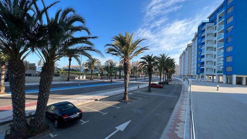 Palmen und entlang der Straße geparkte Autos bei den Apartments in La Manga del Mar Menor, Spanien.