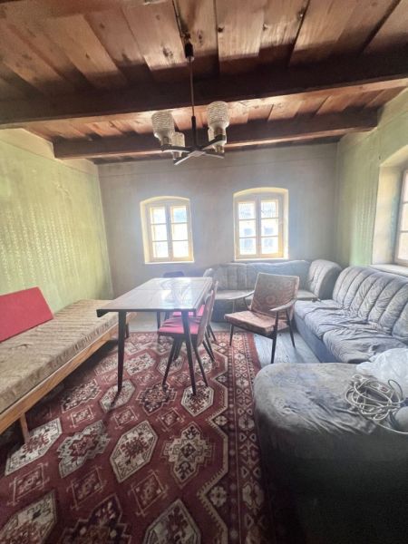 Wohnzimmer in einem Einfamilienhaus mit Holzdecke, Sofa und gemustertem Teppich.