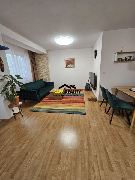 Wohnzimmer einer 3-Zimmer-Wohnung mit einem bunten Teppich und einem Boden in Holzoptik.