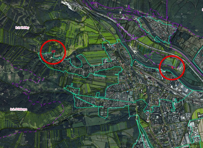 Die Karte zeigt landwirtschaftliche und forstwirtschaftliche Flächen im Gebiet von Vrútky.