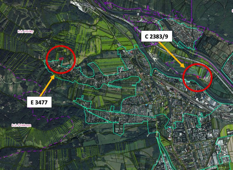 Eine Luftkarte der Grundstücke in der Gegend von Vrútky zeigt landwirtschaftliche und forstwirtschaftliche Flächen.