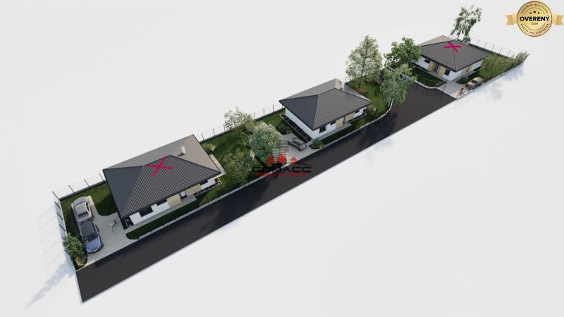 Visualisierung von drei Einfamilienhäusern in der Kostolná-Straße in Drahovce mit Grünflächen und Parkplätzen.