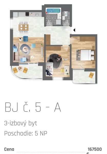 Grundriss einer 3-Zimmer-Wohnung mit Holzboden und Balkon.