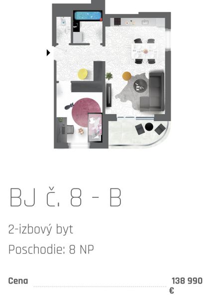 Grundriss einer 2-Zimmer-Wohnung mit Wohnzimmer, Küche, Balkon und Badezimmer.