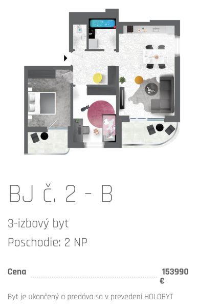 Grundriss einer 3-Zimmer-Wohnung mit Einrichtung, Küche, Wohnzimmer und Badezimmer.
