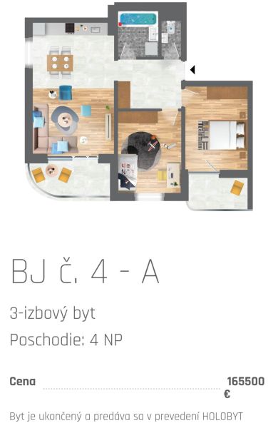 Grundriss einer 3-Zimmer-Wohnung mit Holzboden und Einrichtung.