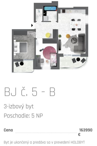 Grundriss einer 3-Zimmer-Wohnung mit moderner Einrichtung und Ausstattung, Preis 163.990 €.