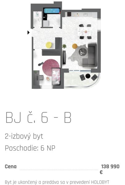 Grundriss einer 2-Zimmer-Wohnung mit Küche, Wohnzimmer, Badezimmer und Balkon.
