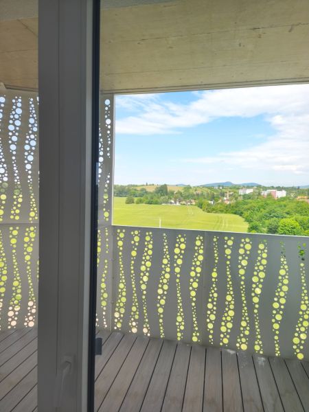 Balkon mit Panoramablick und Holzboden in einer 2-Zimmer-Wohnung.