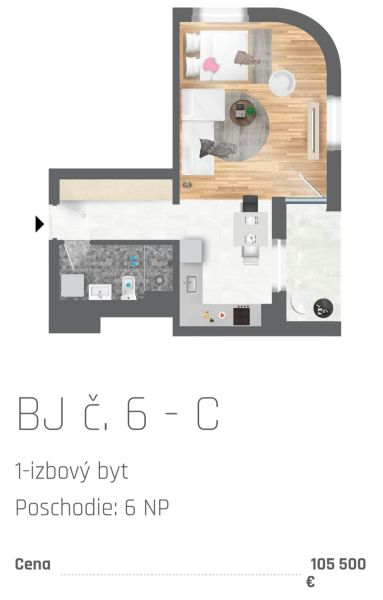 Grundriss einer Einzimmerwohnung mit Holzboden und ausgestatteter Küche.