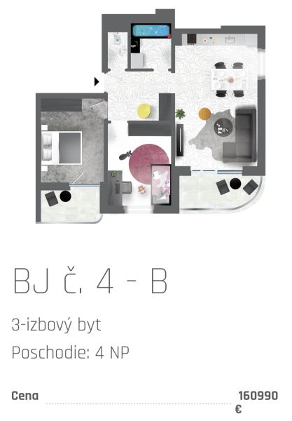 Grundriss einer 3-Zimmer-Wohnung mit geräumigem Wohnzimmer und Balkon, Boden mit Holzdekor.