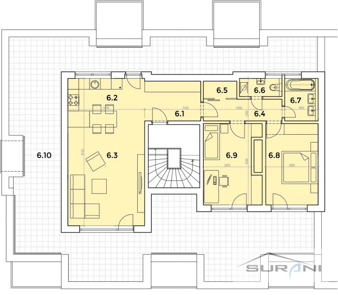 Der Grundriss zeigt eine 3-Zimmer-Wohnung mit Terrasse, Küche, Wohnzimmer und zwei Schlafzimmern.