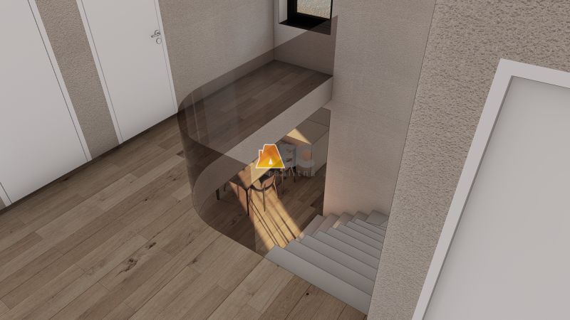 Innenraum mit Treppe, weißen Türen und Boden in Holzoptik.