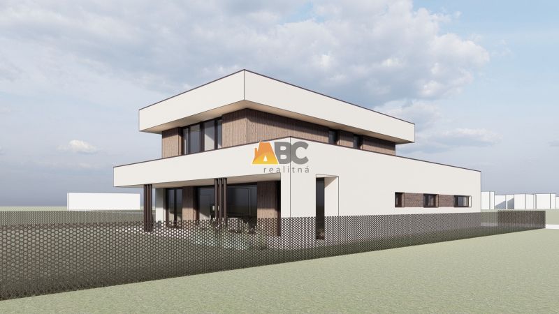 Ein Einfamilienhaus in Sliač, umgeben von Grundstücken zum Wohnen mit minimalistischem Design.