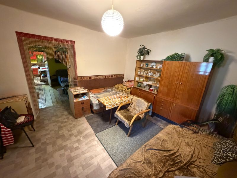 Ein Zimmer in einem Einfamilienhaus mit Möbeln, Kronleuchtern und Pflanzen wirkt gemütlich.