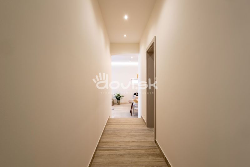 Der Flur im Einfamilienhaus mit einem Boden in Holzoptik und einer Pflanze am Ende.