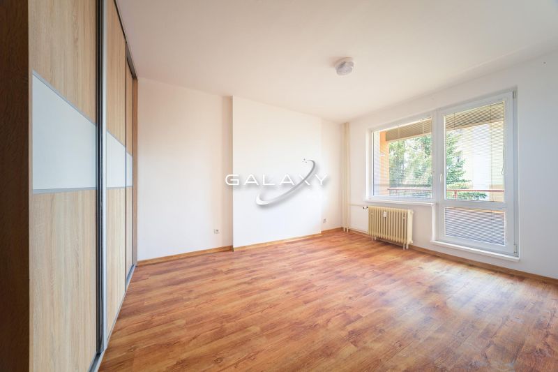 Ein Zimmer in einer 3-Zimmer-Wohnung mit einem Boden in Holzoptik und großen Fenstern.