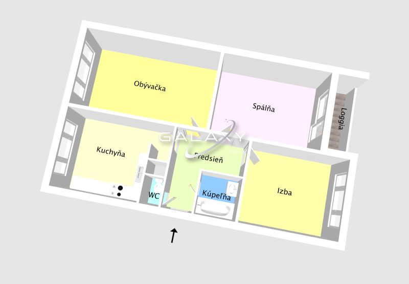 Grundriss einer 3-Zimmer-Wohnung mit Küche, Badezimmer und Loggia.