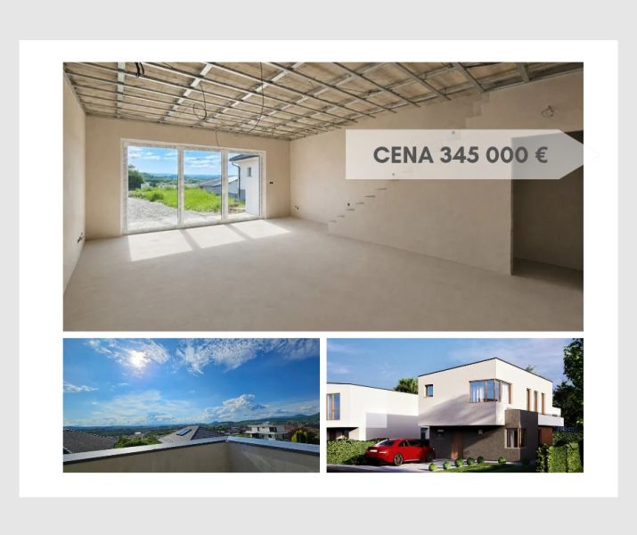 Innenraum eines Einfamilienhauses mit großen Fenstern und Blick auf Prešov. Preis: 345 000 €.