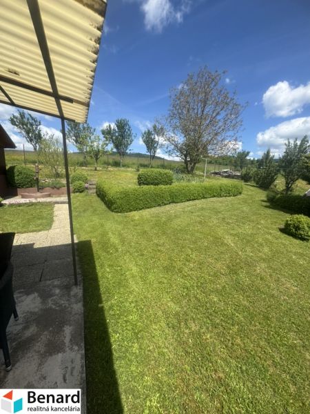 Der Garten des Einfamilienhauses in Orlove mit Rasen und Sträuchern, der Himmel ist klar.