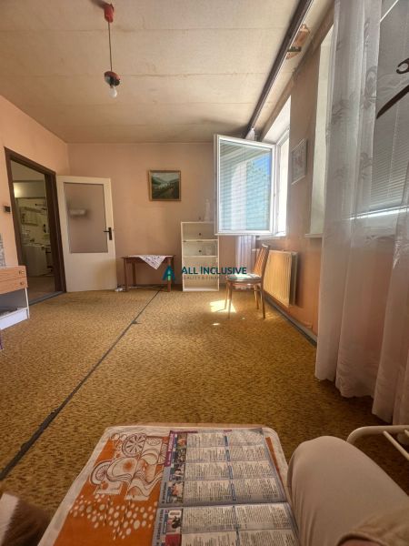 Wohnzimmer in einer Zweizimmerwohnung mit Teppich, offenem Fenster, Möbeln und Bildern.