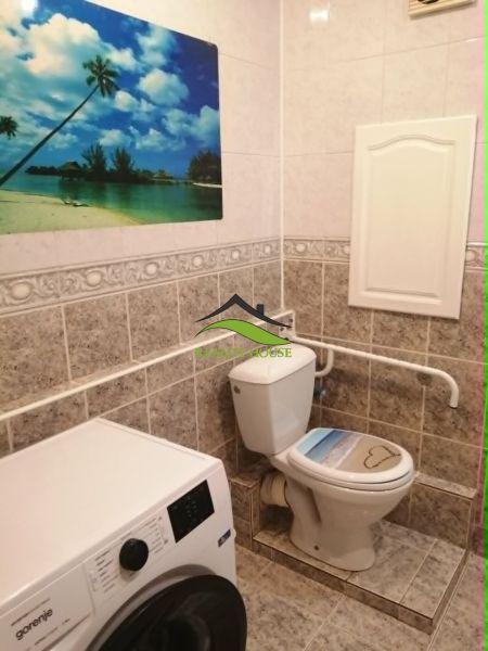 Badezimmer mit Toilette und Waschmaschine in einer 3-Zimmer-Wohnung, dekoratives Bild an der Wand.