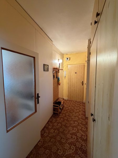Flur einer 2-Zimmer-Wohnung mit Einbauschränken und Teppichboden.