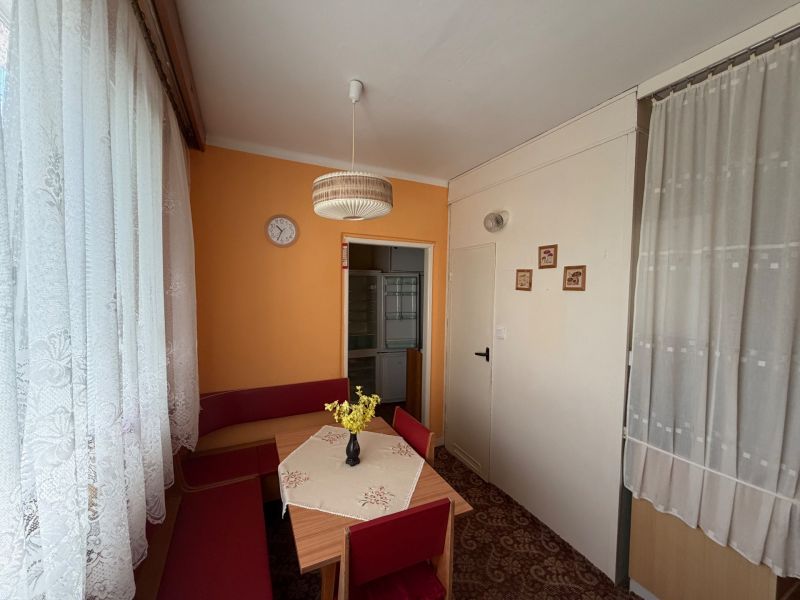 Küche in einer 2-Zimmer-Wohnung mit orangefarbener Wand, Teppich und Spitzenvorhängen.