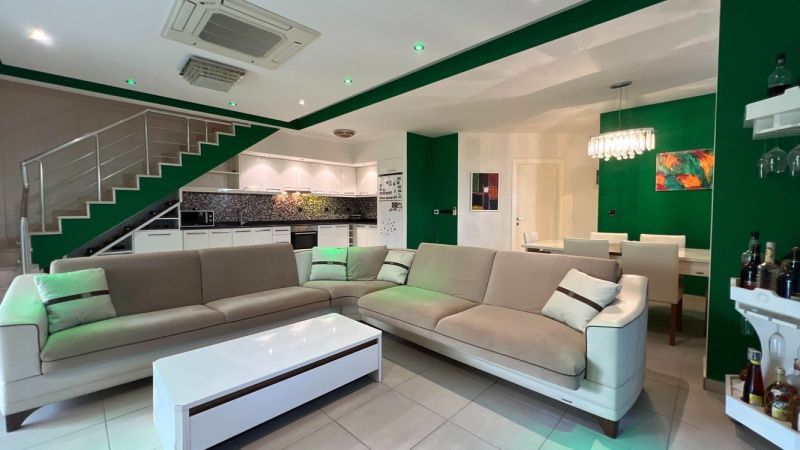 Wohnzimmer mit Sofa, Esstisch, Küche und grünen Wänden. Besondere Immobilien.