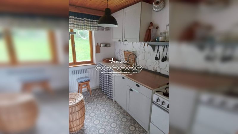 Kompakte Küche in einem Einfamilienhaus mit Retro-Dekor und Holzdecke.