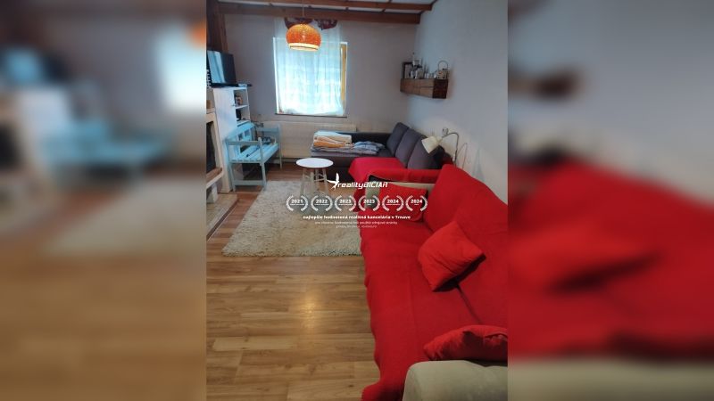 Wohnzimmer in einem Einfamilienhaus mit Holzboden und rotem Sofa.