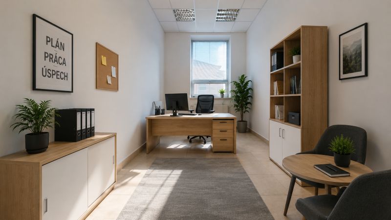 Ein helles Büro mit Holzmöbeln, Teppich, Pflanzen und einem motivierenden Spruch an der Wand.