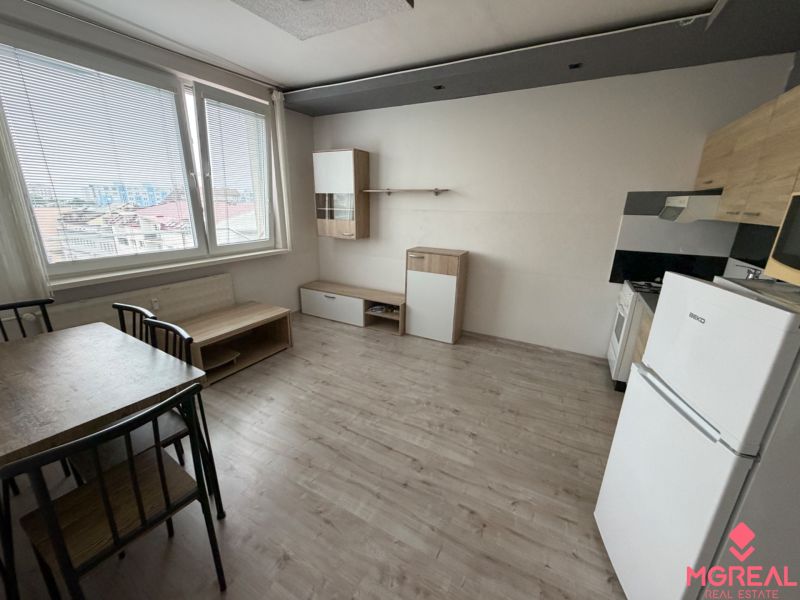 Wohnbereich eines Einzimmerapartments mit Kochnische und Holzboden.