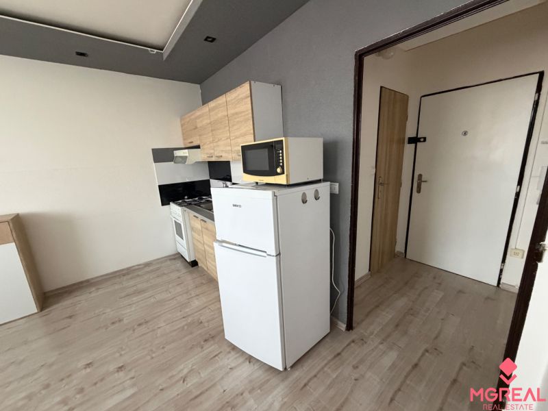 Küche in einer Einzimmerwohnung mit Kühlschrank und Boden in Holzoptik.